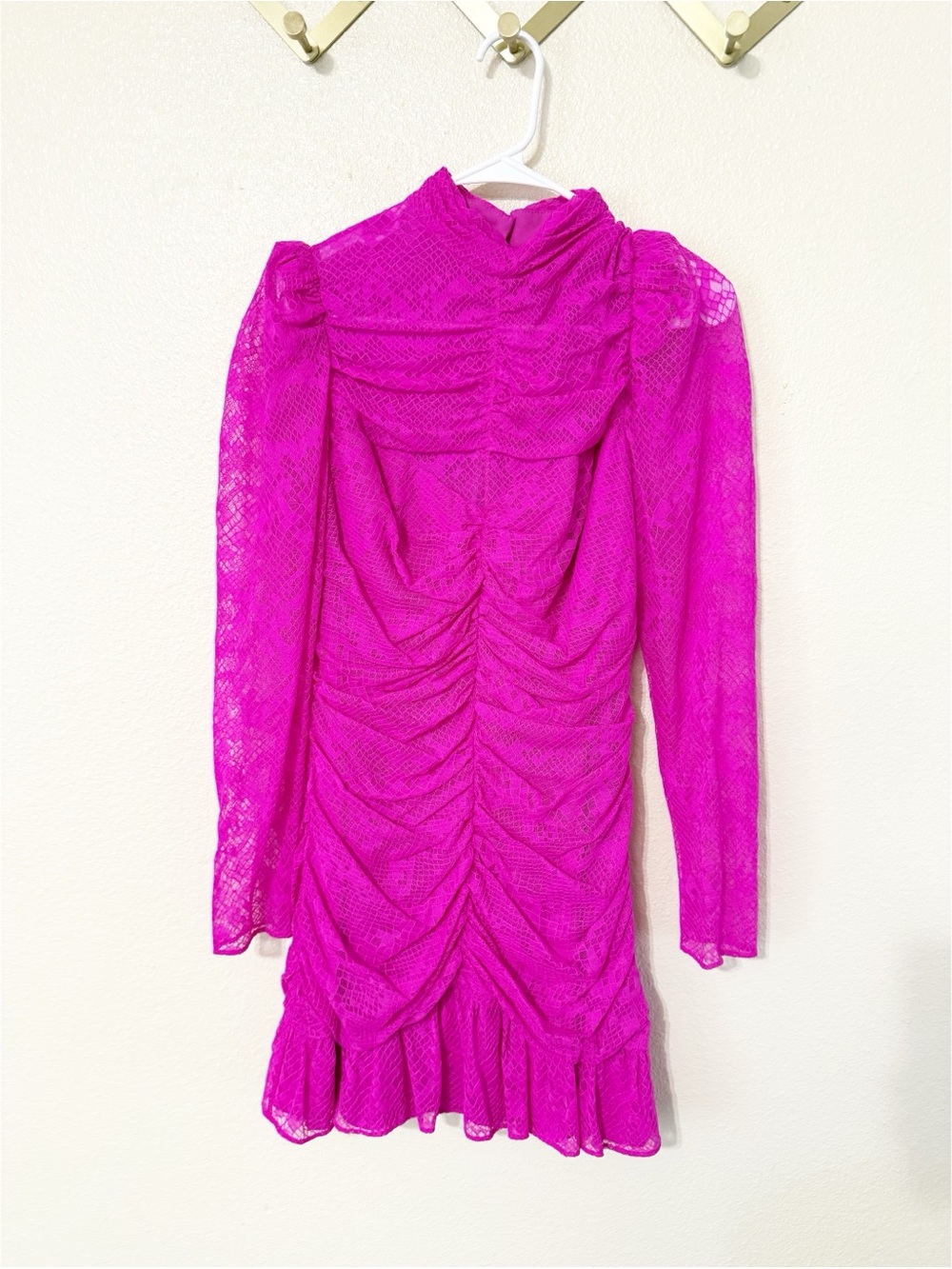 Saylor Marcey Fuchsia Pink Lace Ruffle Mock Neck Ruched Mini Dress Size Large - Picture 11 of 15